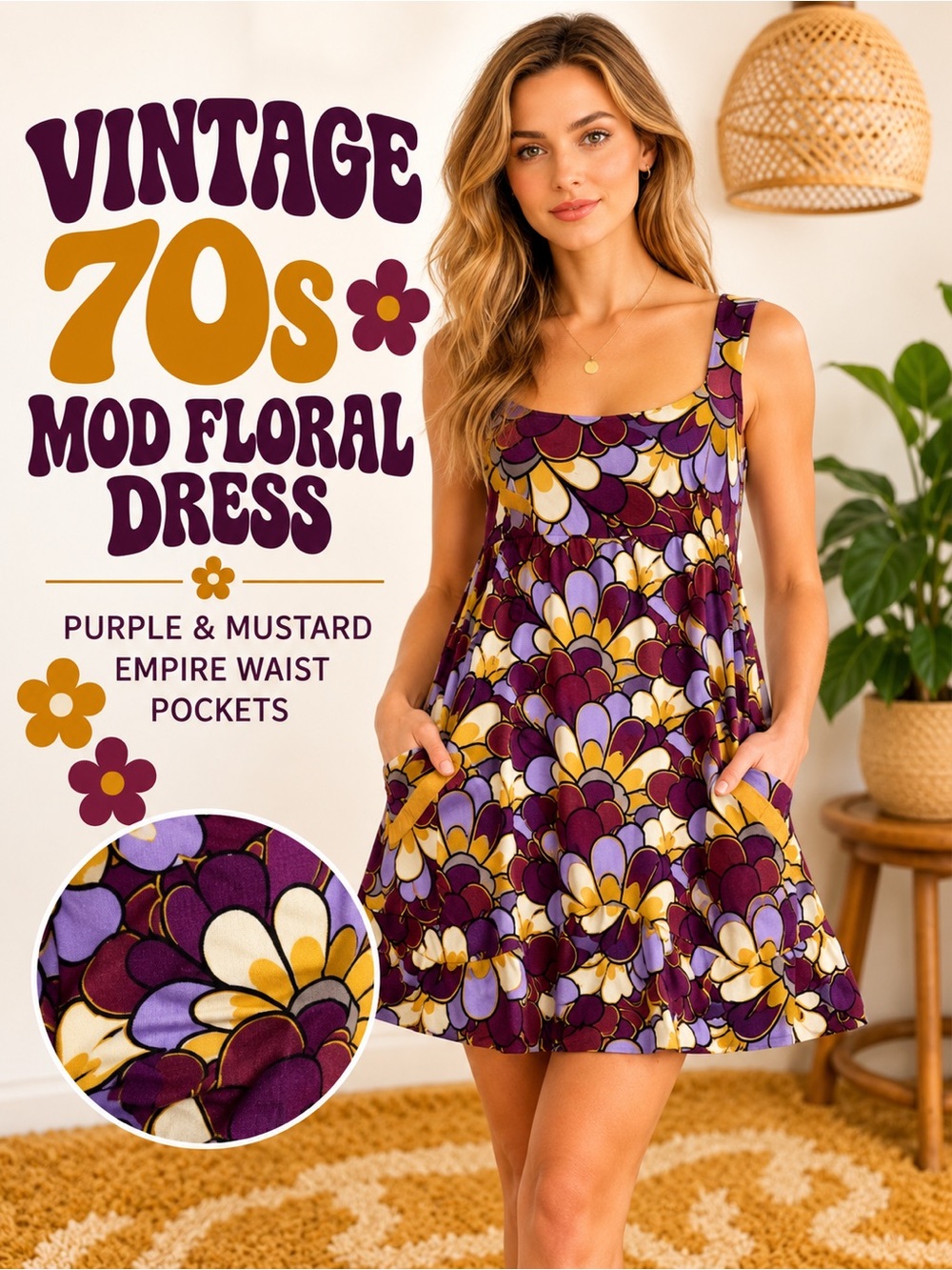 Vintage 70s Mod Floral Mini Dress Purple Mustard Empire Waist S/M